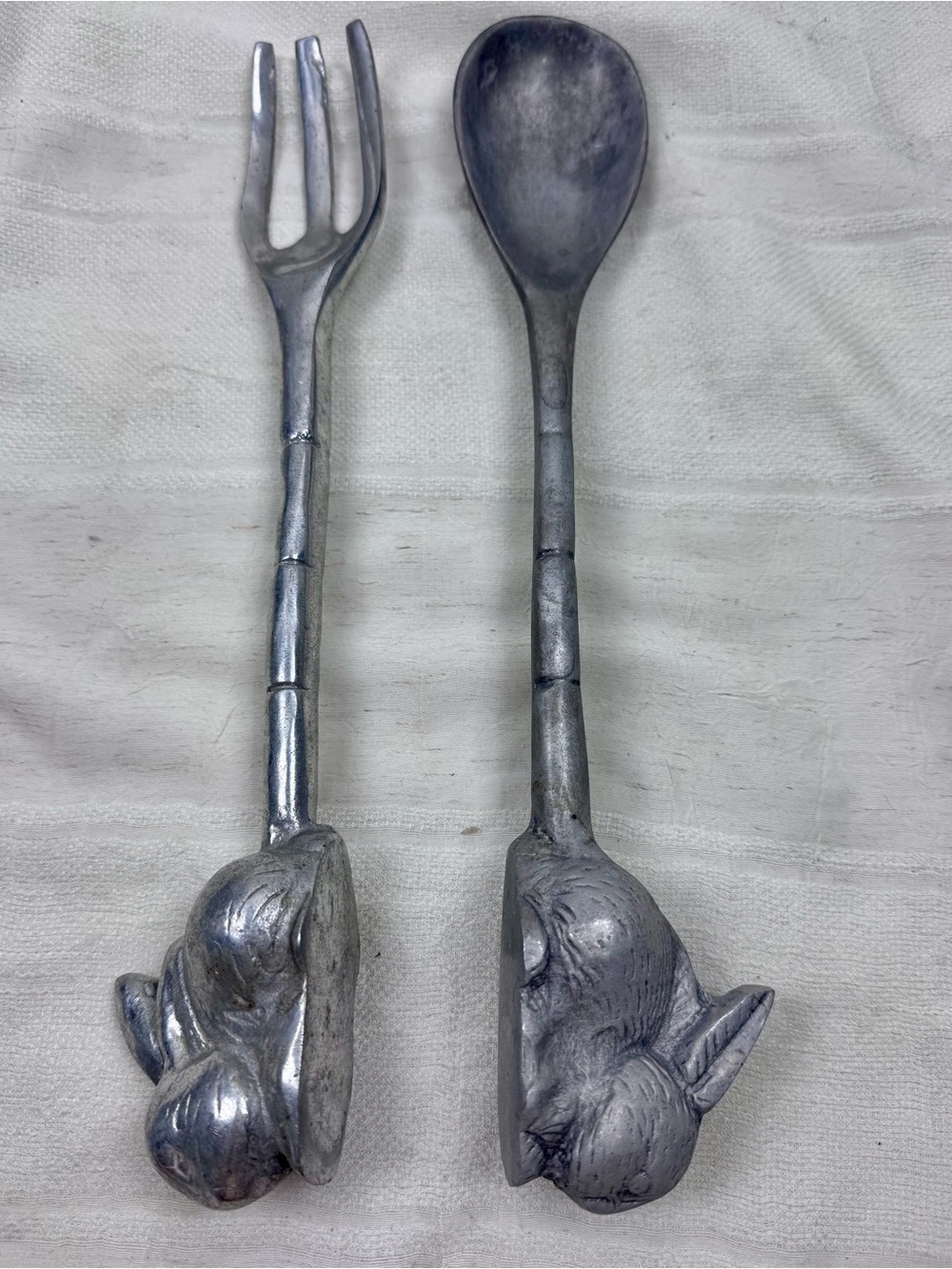 VTG Arthur Court Designs Pewter Bunny Rabbit Salad Serving Fork & Spoon Set 13"